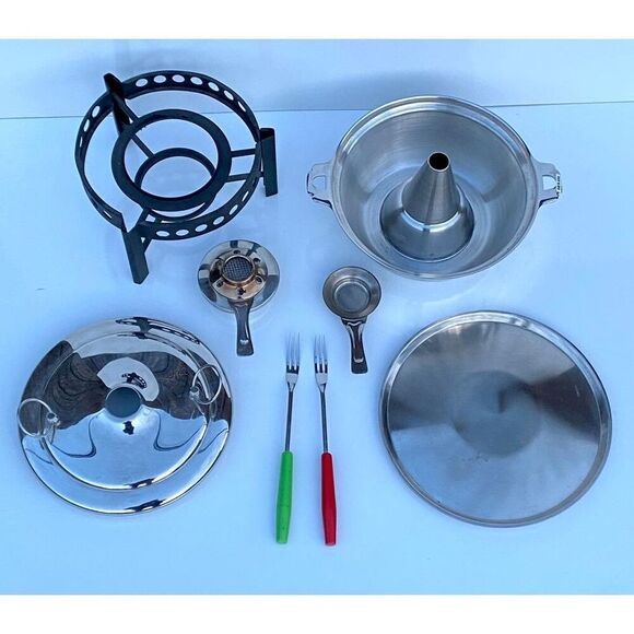 Vintage Japanese Stainless Steel Fondue Set Pot with Lid and Underplate Burner H - Picture 3 of 13